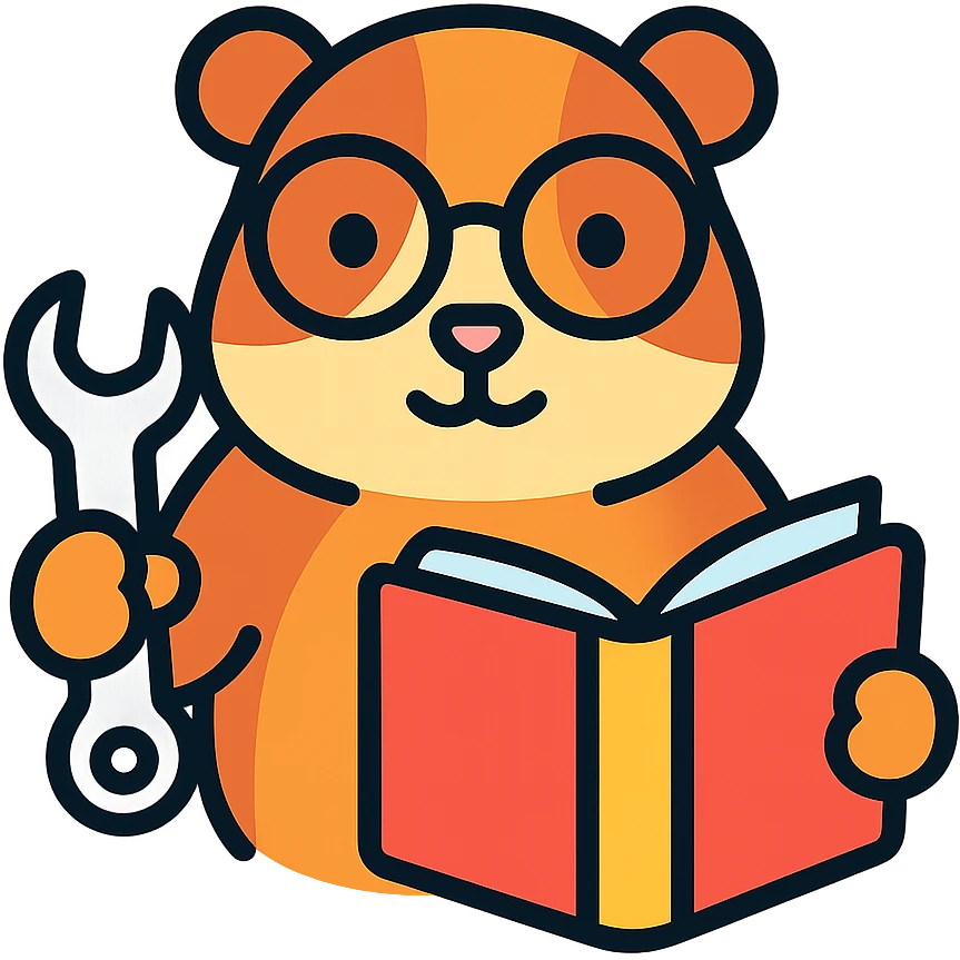 studious guinea pig with glasses, holding a wrench and fixing a book, color outline icon emoji