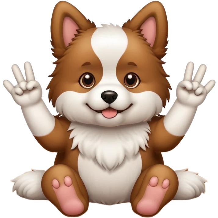 fluffy dog on wooden floor with middle fingers emoji