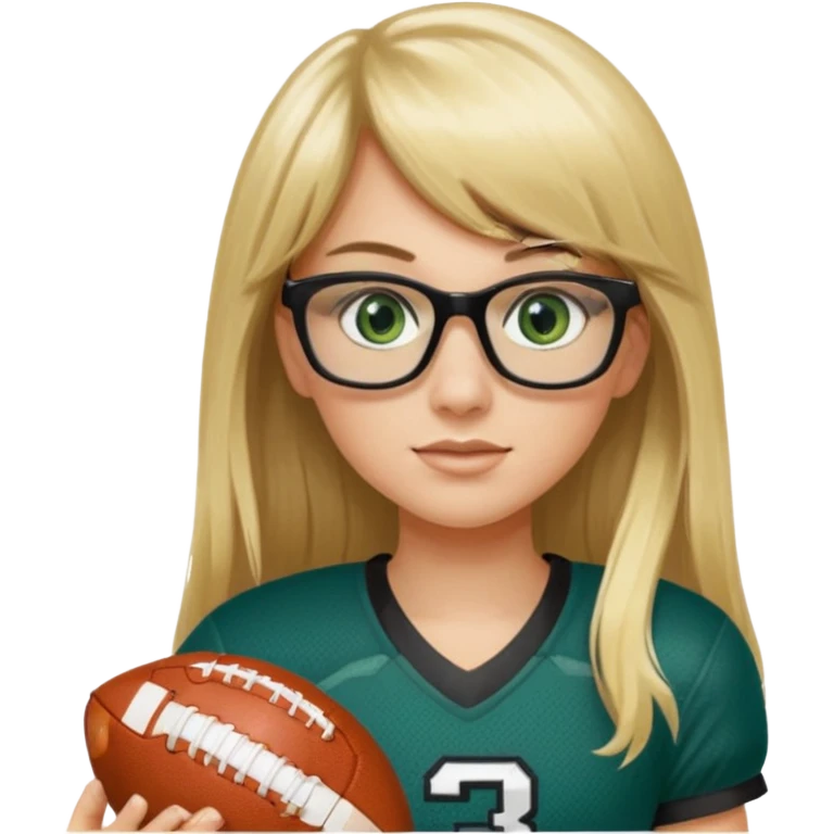 long blonde hair with bangs small black rectangle glasses female green eyes football player wearing eagles jersey number 33 holding football emoji