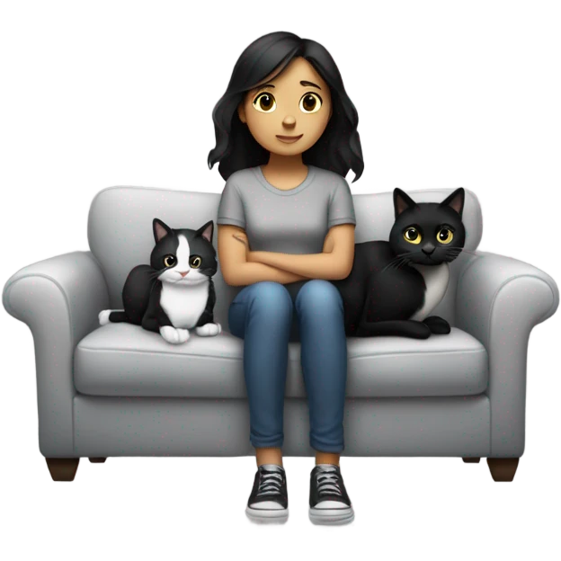dark haired girl sitting on couch with a black and white cat in her lap emoji
