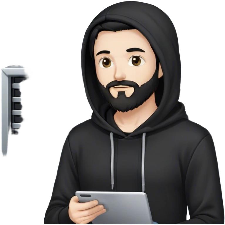 hackeur blanc cheveux noir barbe et capuche noir à côté d'un server emoji
