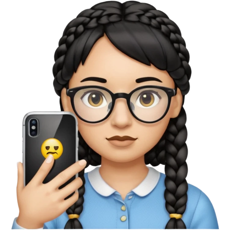 Black hair is braided to the left, bangs, horn-rimmed glasses, and only the eyes of the emoji taking a mirror selfie with iPhone white are visible, and the nose is covered with the iPhone emoji