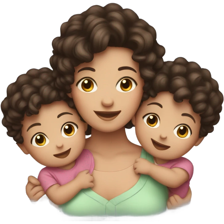 a mom with short dark brown curly hair  and 2 twins baby’s one boy one girl emoji