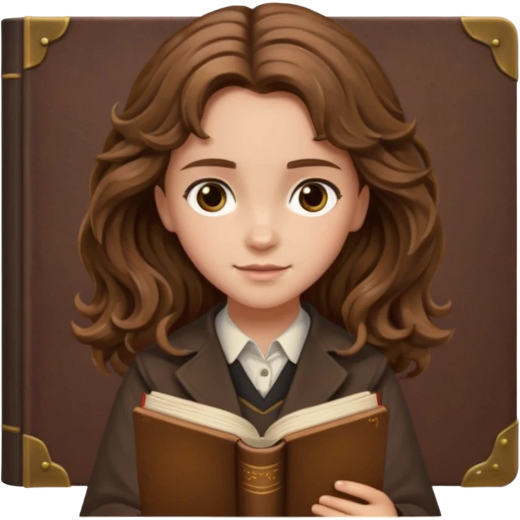 Hermione Granger with wavy hair and brown book in hand  emoji