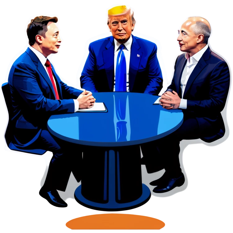 Jesus, Buddha, Elon Musk, Jeff Bezos, and Trump in a meeting emoji