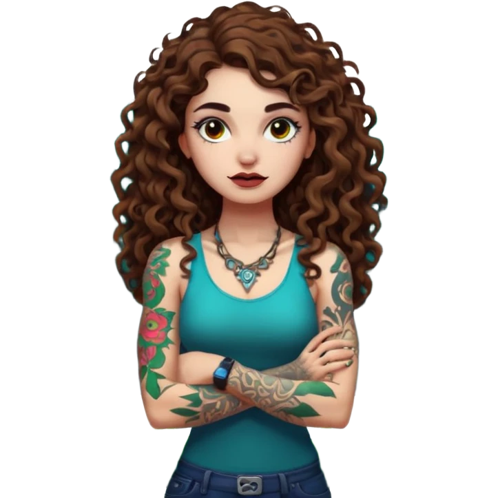 full body view of a woman with long curly brown hair, brown eyes, white skin, tattoos, arms crossed, eyebrow raised, neon forest chaos behind her emoji