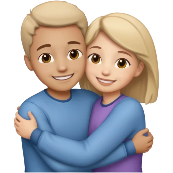two people hugging side by side, smiling, rounded cute style, soft shading emoji