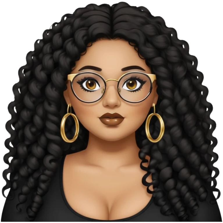 big plus size, latina, darker tan skin, gold hoops, long black curly hair, baddie,pretty, makeup, lipgloss, black eyeliner, long hair, black top, black glasses emoji