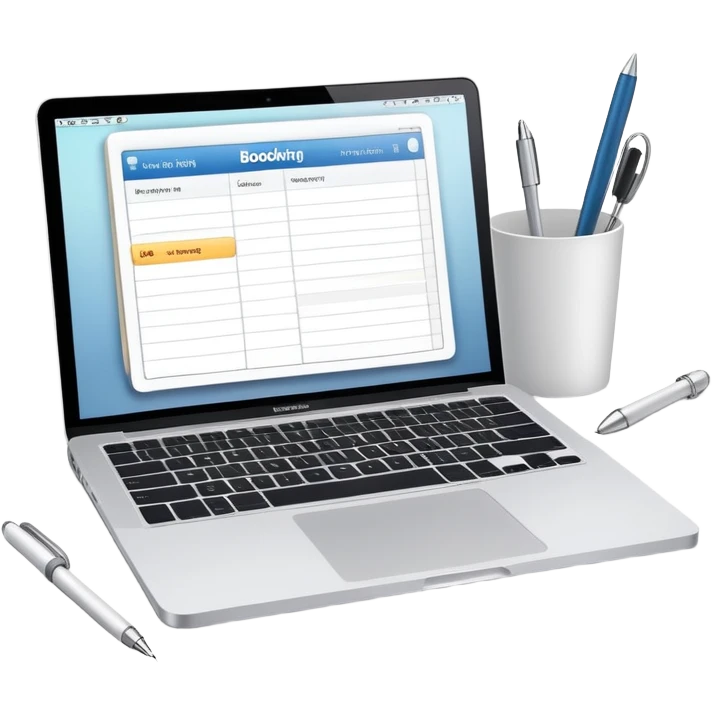 online booking system on MacBook screen next to old-style paper notebook with pen emoji