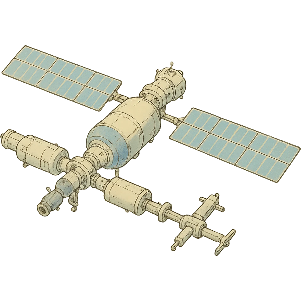 ghibli style illustration of Tiangong orbital station with soft colors emoji