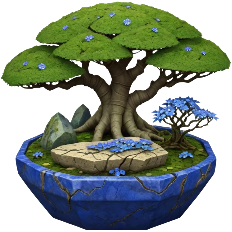 Alien saucer jungle-vines mountain-island landscape antique mudman very old broken cracked intricate Stone Age lapis-crusted irregular dodecagon-shaped shallow dark moss rough bark blue serissa flowered maple tree bonsai pot emoji