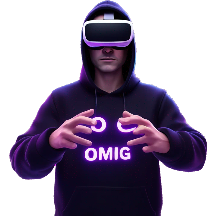 Russian man wearing a black hoodie with "OMG" letters on it and VR headset oculus quest 2 in a cyberpunk VR environment with violet neon lighting. Showing direction with hand emoji