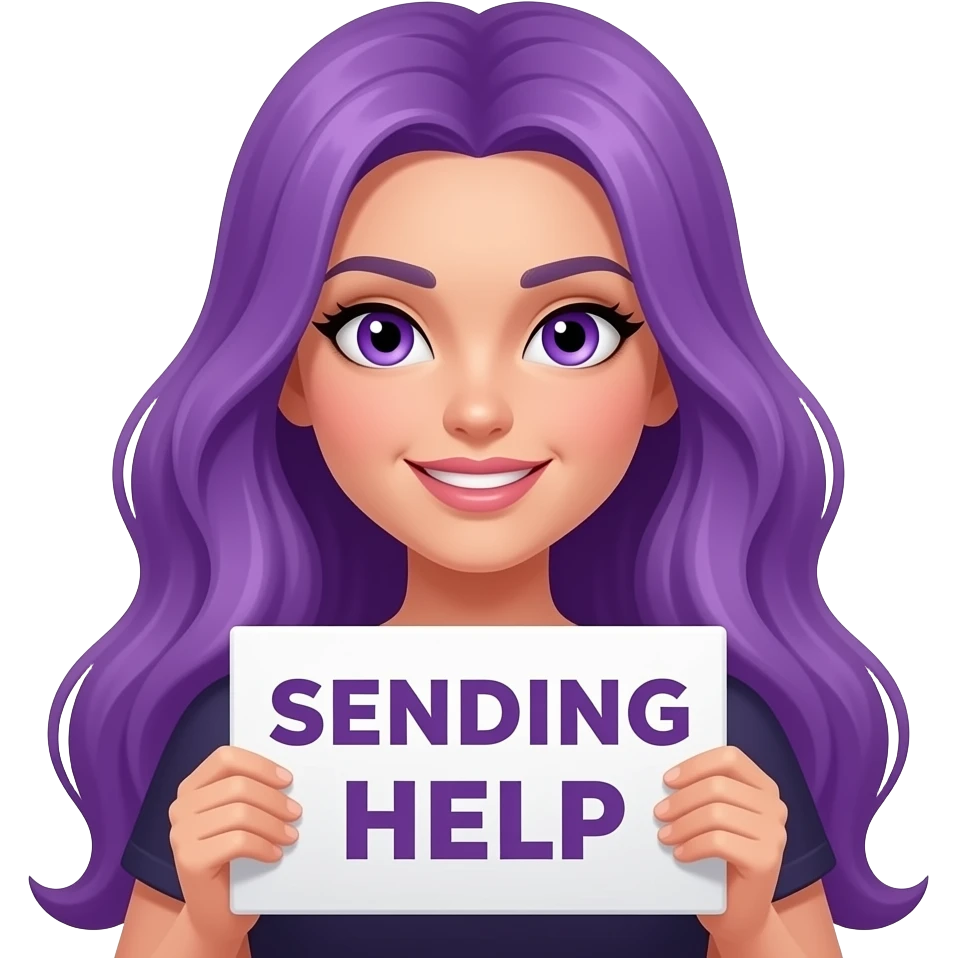 sexy girl with long purple hair and purple eyes holding a SENDING HELP sign emoji