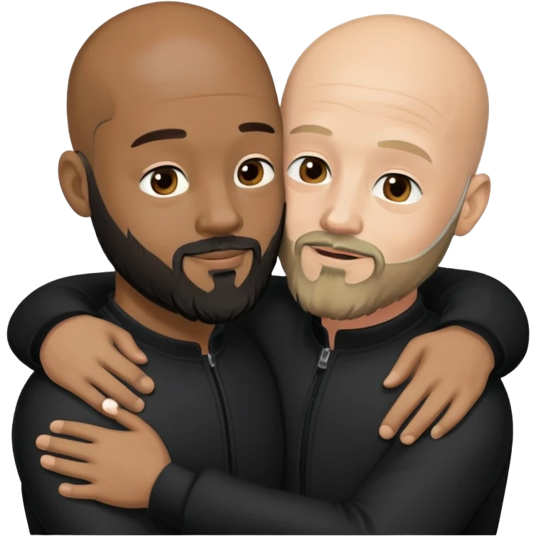 Two males hugging wearing all black both bald both have beards one African American and the other Caucasian  emoji