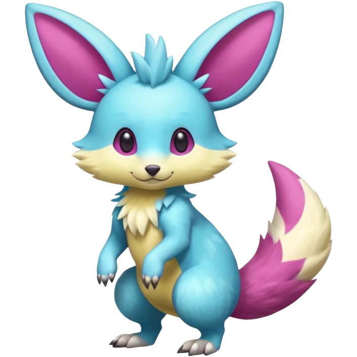 Cute Shiny smooth silky soft Cyan-Yellowish-Magenta Minccino-Zeraora-Emolga-Vernid-Sergal-fusion-hybrid-animal-creature, full body emoji