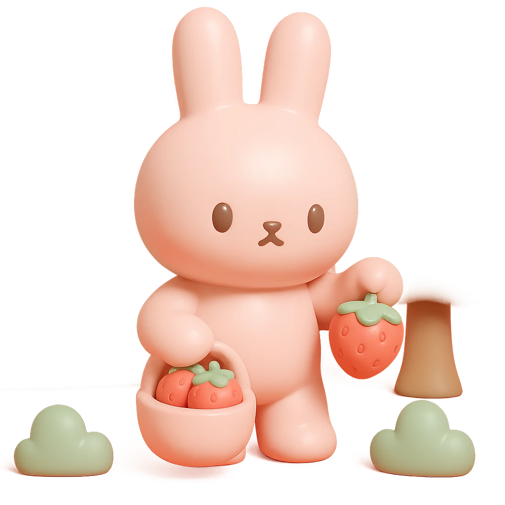 bunny picking strawberries in the woods, sweet pastel red, vinyl figure style emoji