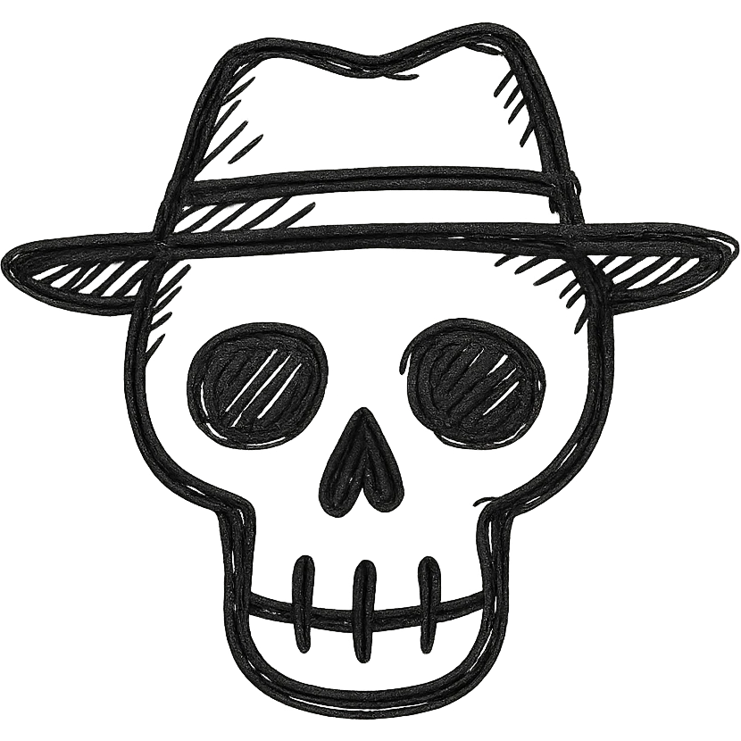 skull face with a hat, hand drawn outline style emoji