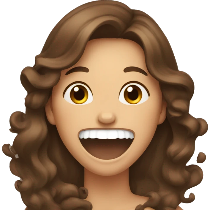 Brown hair woman with long wavy hair laughing while covering her mouth  emoji
