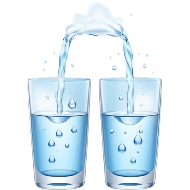 3D illustration of two glasses of water — cold ❄️ and hot 🔥. Particles dissolving faster in hot water, slower in cold. Minimalist, clean, bright, modern 3D icon style. emoji