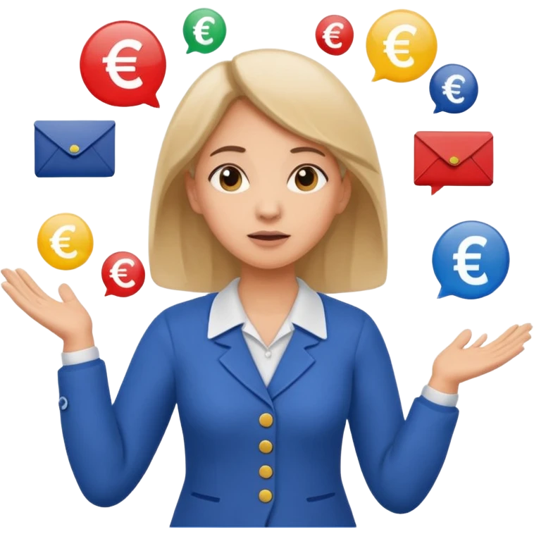 A confused female kindergardenteacher shrugging shoulders with euro symbols and documents floating around. emoji