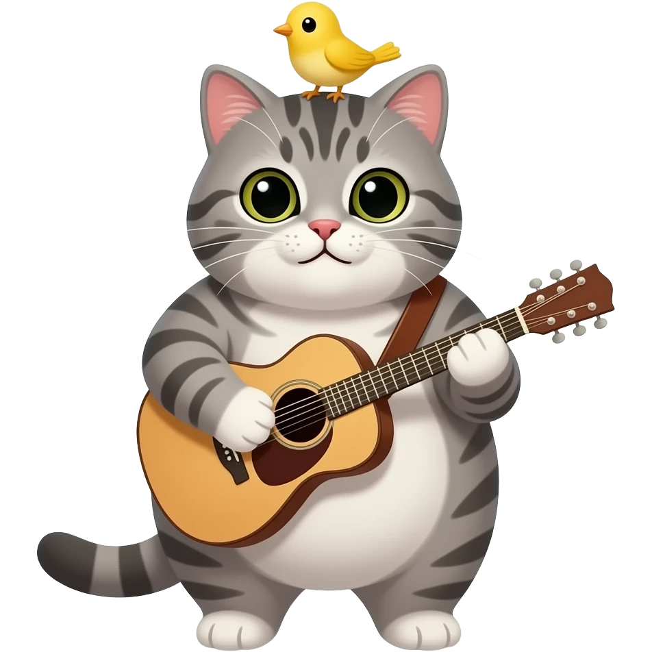 a cute loveable fat gray tabby cat with a small yellow bird on his head, playing a guitar. the image must be a transparent .png. no light or dark border or outer glow or stroke around the image contour emoji