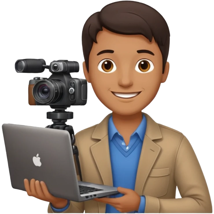 man's head with dark brown hair, holding a laptop and a camera, happy positive professional smile and expression emoji