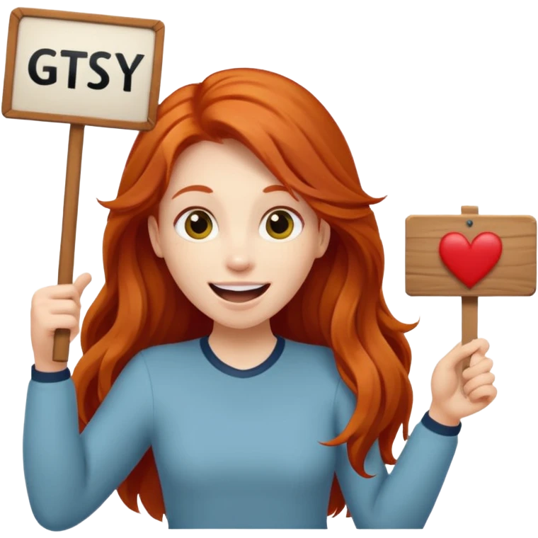 Excited long haired redhead holding a sign that says GTSY emoji