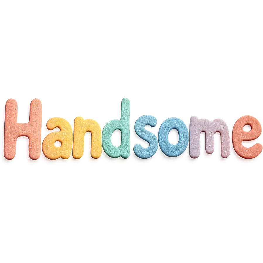 the word 'Handsome' in soft pastel rainbow colors, quirky handwritten font, kawaii style, no outline, 3D paper-craft effect emoji