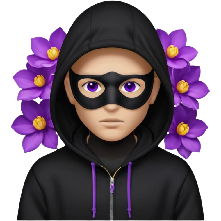 no visible face non human cartoon character related to a shadow, with all black clothes, focusing a black hoodie, and a versace face mask covering his entire face, just his purple shadow eyes making a light bloom emoji