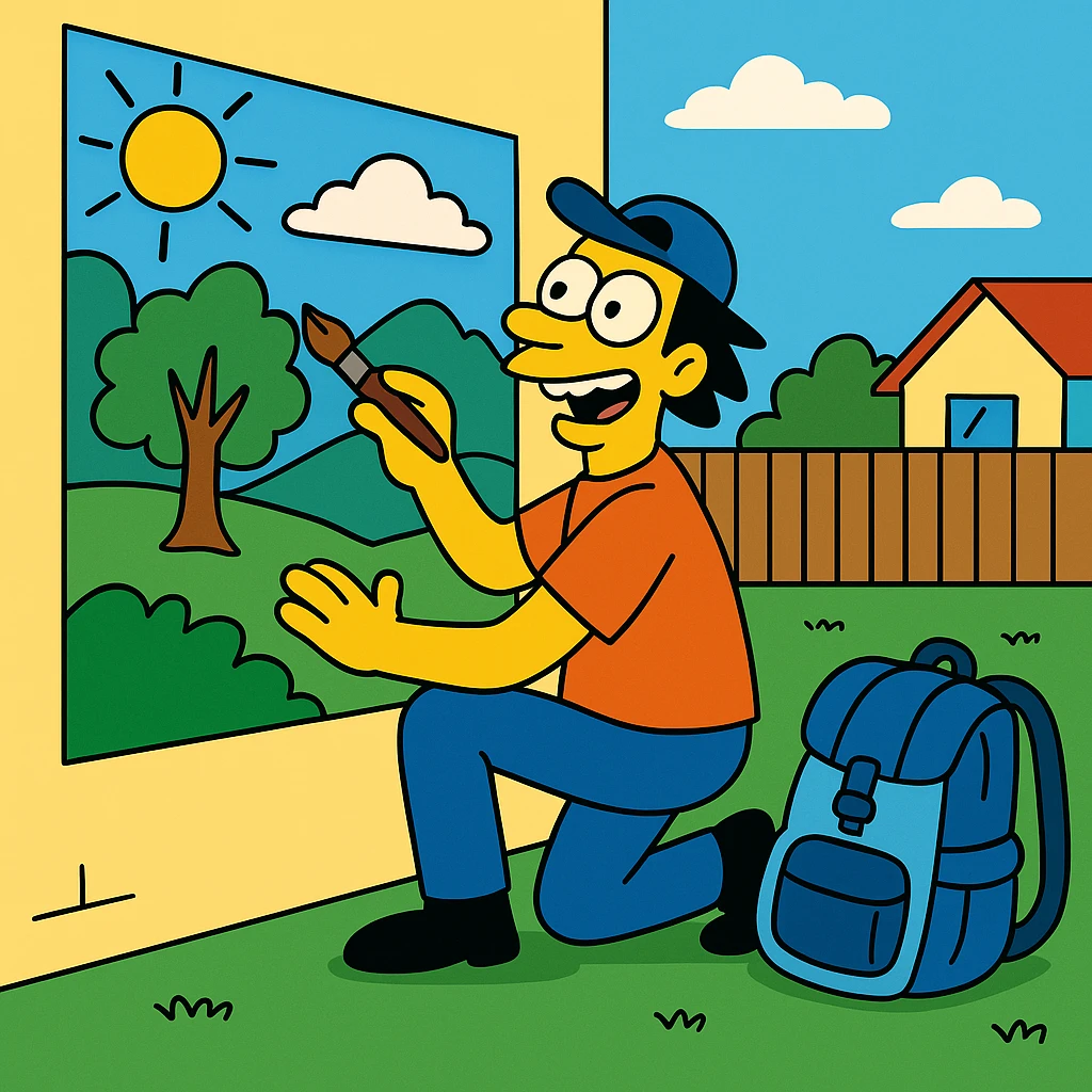 The itinerant artist traveled from town to town painting murals (big pictures painted on walls, often outside or in public places). 1 person - artist painting on a wall in town. A hiking backpack lying next to him emoji