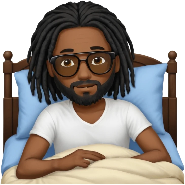 African American man with beardwith shoulder length black dreadlocks wearing black sunglasses waking up in bed emoji
