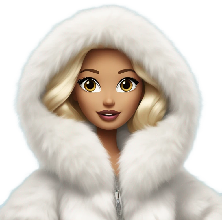 Barbie in an extremely big fluffy oversized white fur coat with hood on. The fur is real and it’s very obvious big and fluffy like in Pinterest  emoji