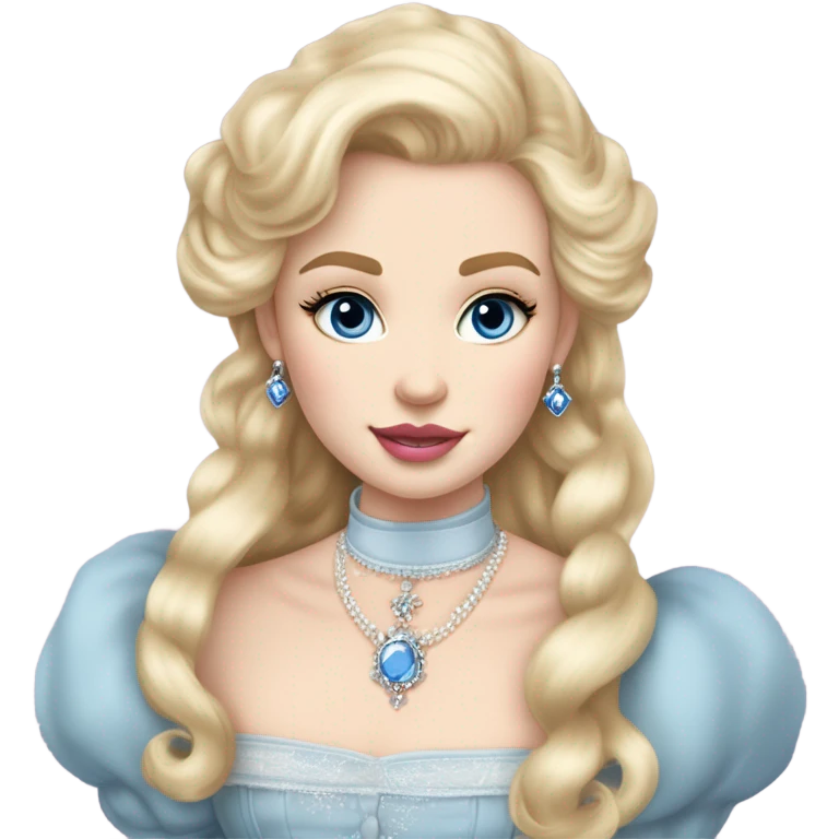 girl with blonde hair pale skin blue eyes. Pink lips blush Smokey eye (but not too much). Vintage blowout with long hair not too curly but still.  princess dress, puffed sleeves and the choker necklace (think Versailles but not too much). emoji