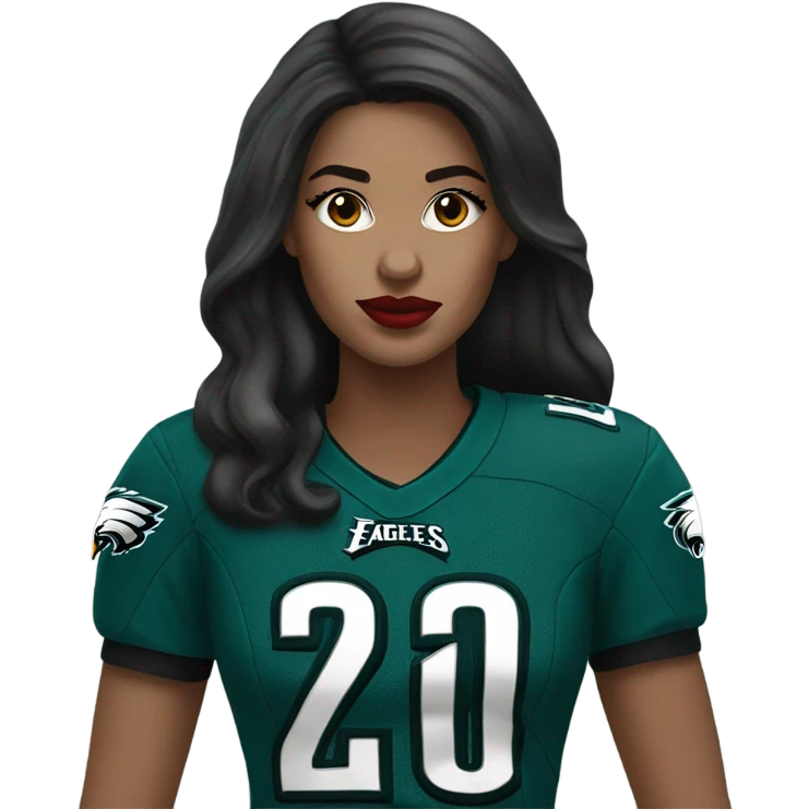 White female long dark hair red lips wearing Philadelphia Eagles jersey emoji