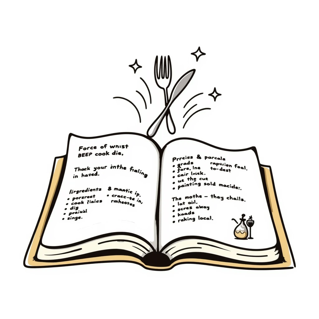 Whimsical enchanted cookbook with magical fork and spoon emblem that's animated with sparkling fairy dust, magical recipe collection emoji