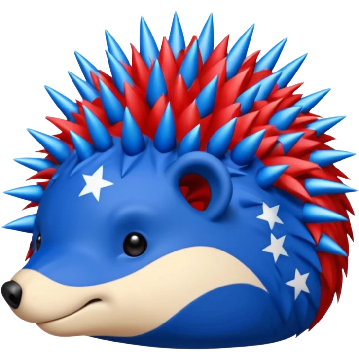 Red and blue Porcupine facing right. Bottom layer red: covers feet, round face with no facial features and 2 spikes. blue upper layer 6 spikes, 3 white 5 pointed stars in the middle of the blue. emoji
