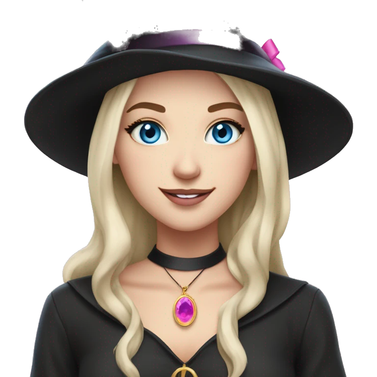 Witchy brunette haired blue eyed white girl with a witty smile a gold necklace and a black witch hat with a pink bow emoji