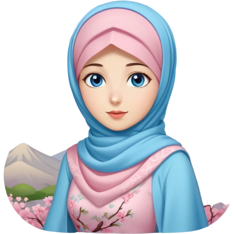 Turkish beautiful finish Konya girls blue eyes with lovely cherry blossom hijab long tail dress and blue sky background  emoji
