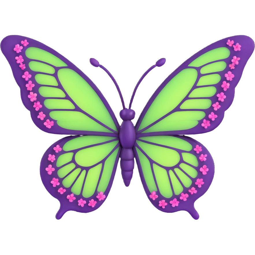 a fantasy butterfly in vibrant #c0ff53 green with deep purple edges, glowing pink details, intricate veins, surrounded by sparkling magical dust and tiny pink flowers, 3D cartoon style, elegant fantasy, transparent background, Discord role icon emoji