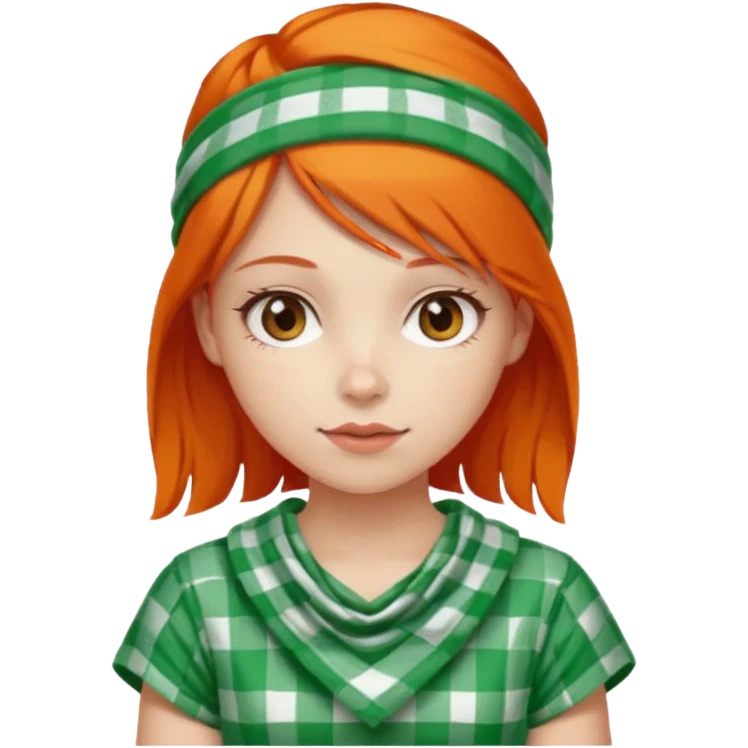 girl orange hair, wear red and white checkered bandana, green dress emoji