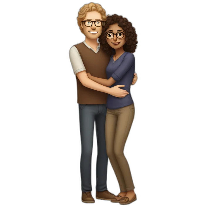 Tall white man with brown hair and glasses hugging an Indian woman with curly hair emoji