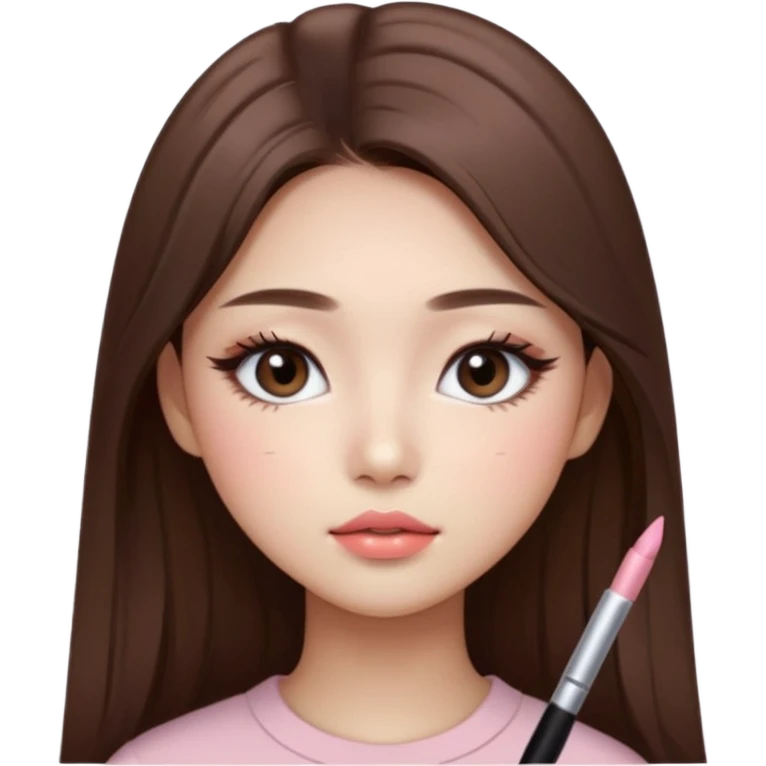 “korean straight long brown hair Emoji girl, soft eyeliner and blush, gradient lips, light brown shimmer eyeshadow emoji