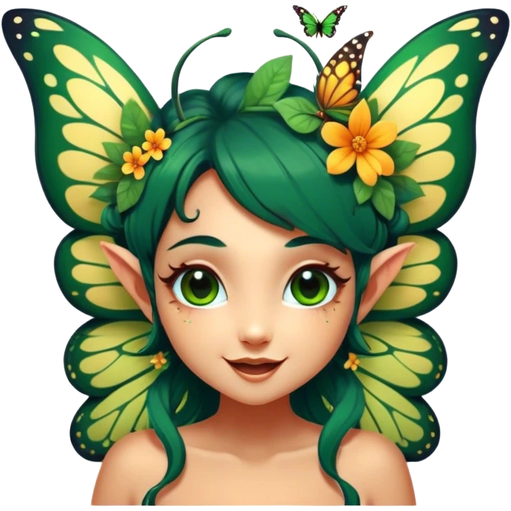 Cinematic Realistic Forest Fairy Portrait, head tilted dramatically with an exaggeratedly amused expression, featuring a striking, nature-infused form with glowing, sun-kissed tanned skin and vividly detailed dark green hair adorned with floral accents. Her expressive eyes brim with playful forest mischief, rendered with vibrant, lifelike textures and dynamic dappled lighting that conveys a spirited, over‐the‐top woodland whimsy showing her large butterfly wings from her back. emoji