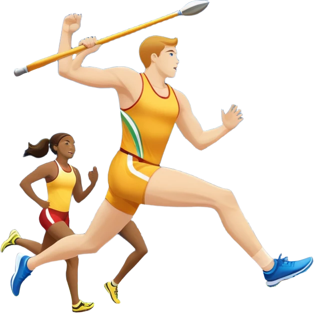 An icon featuring a collage of track and field equipment: a javelin, shot put, discus, high jump bar, and running shoes. The background shows a lively stadium with cheering fans, bright lights, and a clear sky, symbolizing the diversity of athletics. Transparent background emphasizes the sport. emoji