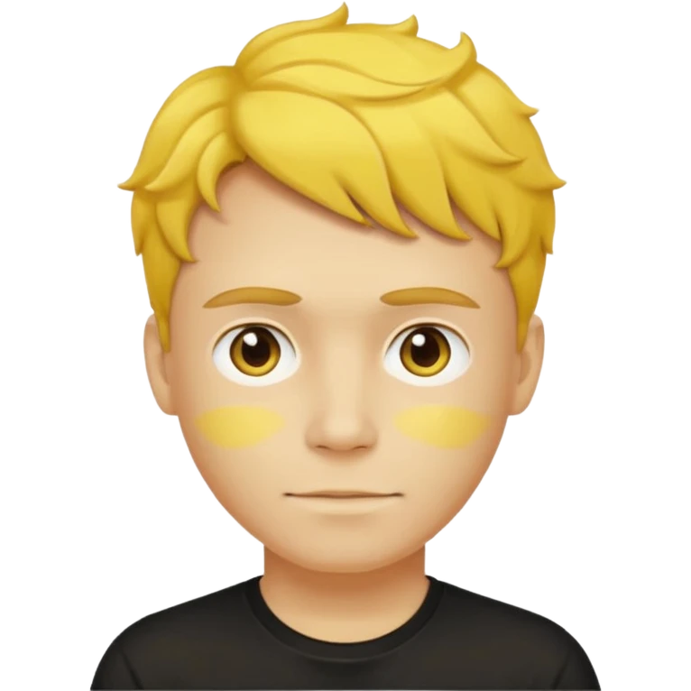 A (yellow-skinned man). (Bright-yellow skin). Yellow face. Yellow emoji. He has short wavy (light-brown hair) and wearing a black t-shirt, and a visible bulge on the groin area molding his testicles. emoji