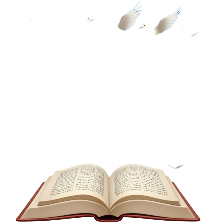 Icon for Poetry Reading: an open book with verses on the pages, from which fly pages transforming into a large flock of small white birds soaring into the blue sky. The icon should evoke the freedom and beauty of poetry. Transparent background. emoji