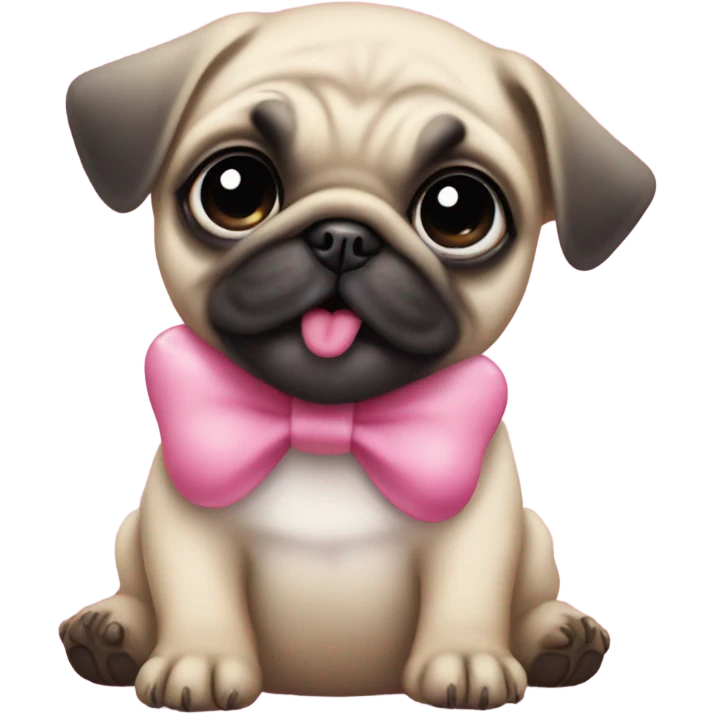 Baby pug with big pink
eyes wearing a pink bow on her head and a daisy in her mouth  emoji