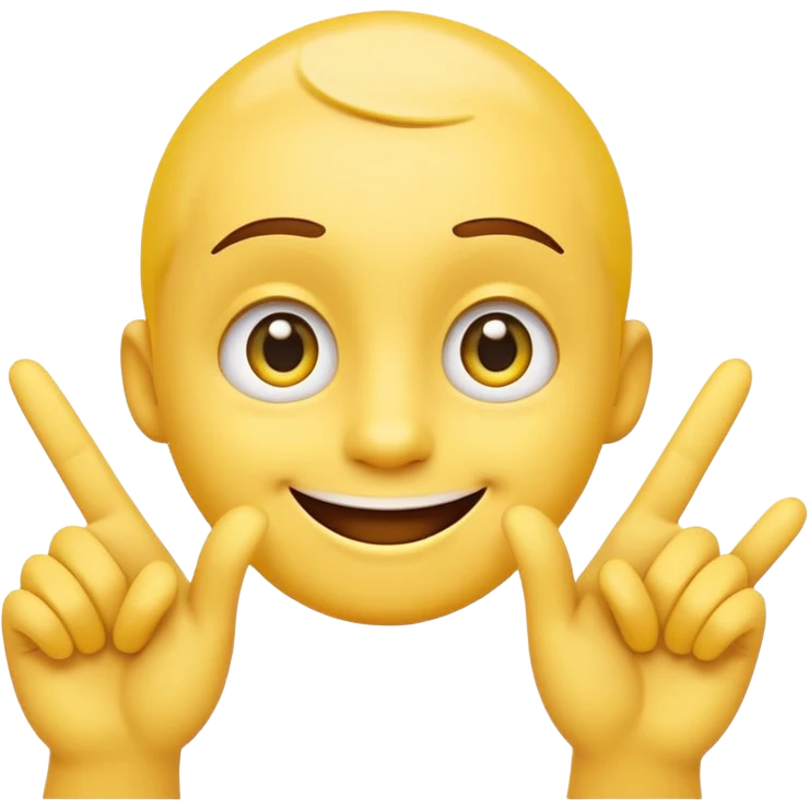 A 2D cartoon-style yellow emoji with a mischievous smile, shaped eyes, and both hands pointing upward with index fingers.  clean digital style, and a fun, dancing expression. Style similar to children’s drawing tutorials, dancing expression. No background, isolated on white.  emoji