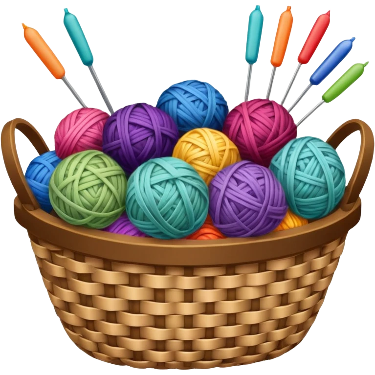 A woven basket filled with colorful yarn balls and knitting needles. emoji