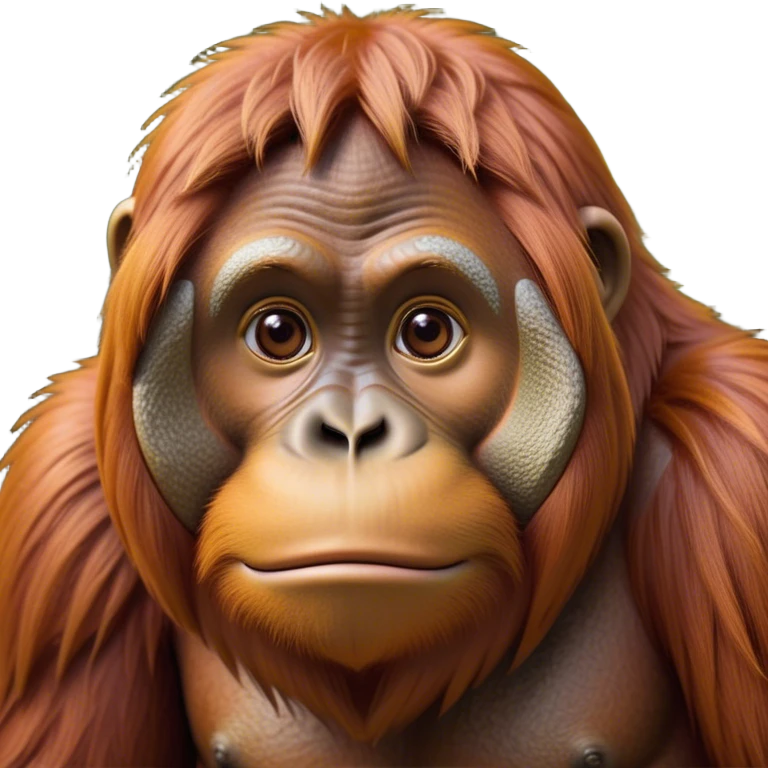 Cinematic Noble Orangutan Portrait Emoji, Poised and regal, with a robust, thoughtful build and deep, soulful eyes framed by rich, textured fur, Simplified yet sharp and sophisticated features, highly detailed, glowing with a soft, earthy glow, high shine, intelligent and contemplative, stylized with an air of ancient wisdom, focused and commanding, soft glowing outline, capturing the essence of a watchful and confident guardian that appears ready to step out of the screen with timeless authority! emoji